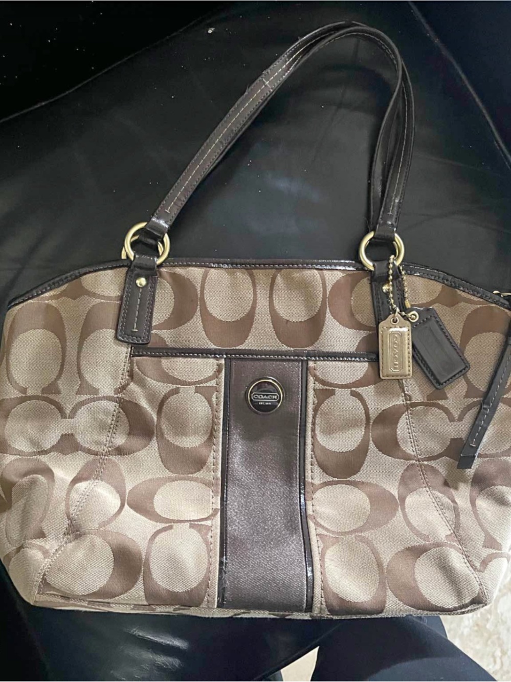 Coach Brown Signature Canvas Shoulder Tote with Leather Trim
